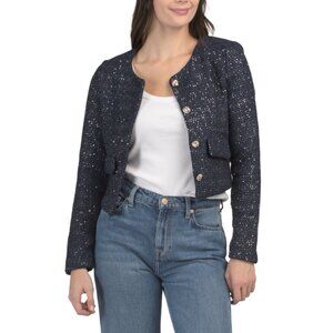 LOVE TREE Navy Boucle Knit Sequin Embellished Jacket